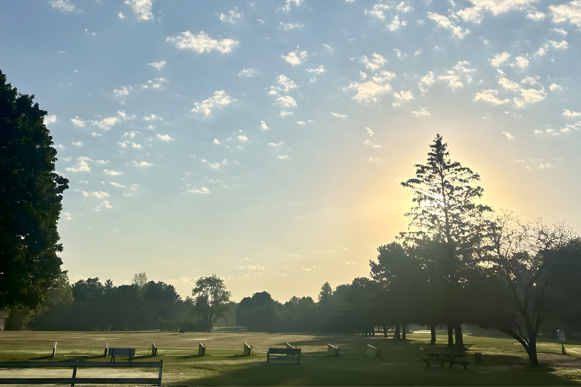 Sunlight glows behind trees in a park at dawn, with a misty lawn and benches in the foreground under a scattered sky.