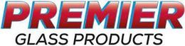 the logo for premier glass products is red and blue .