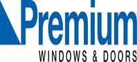 the logo for premium windows and doors is blue and white .