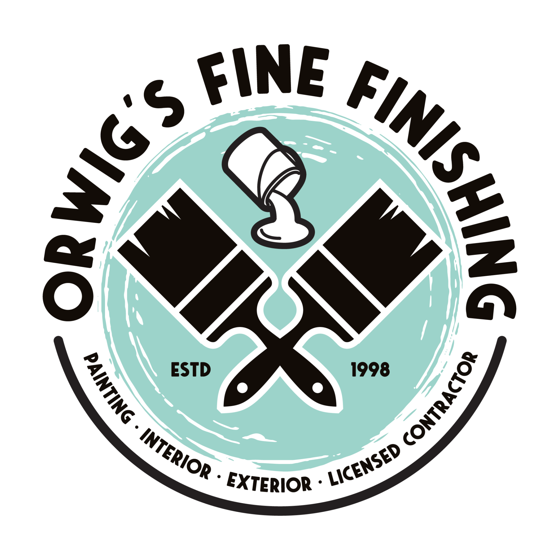 A logo for orwig 's fine finishing painting , interior , exterior , licensed contractor.