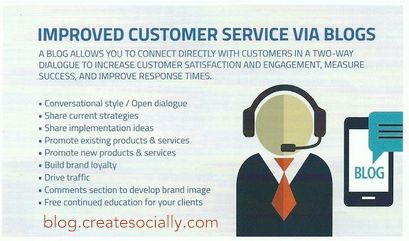 A business card that says improved customer service via blogs