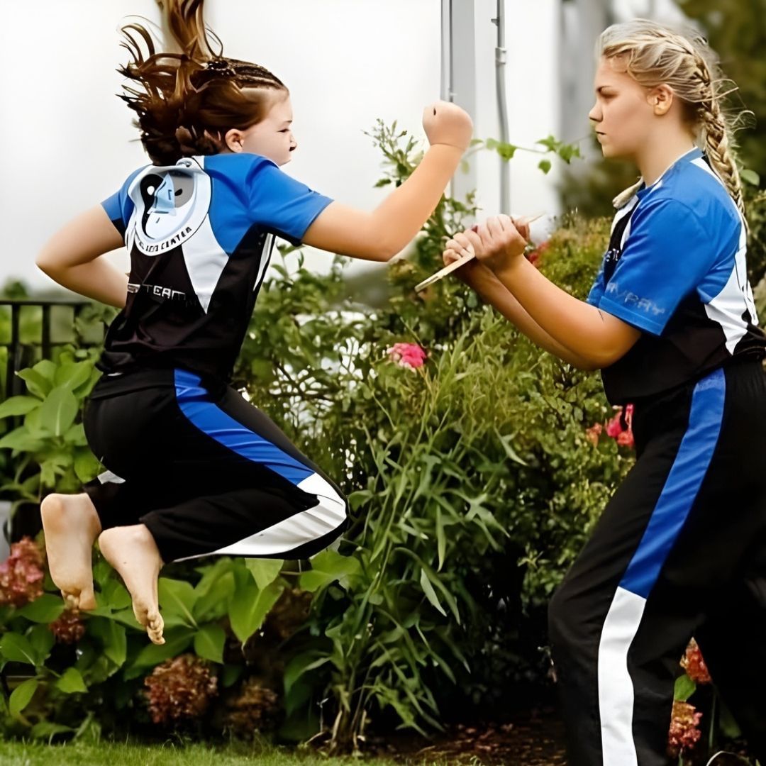 Two men grappling on a mat, one in blue, the other in black.