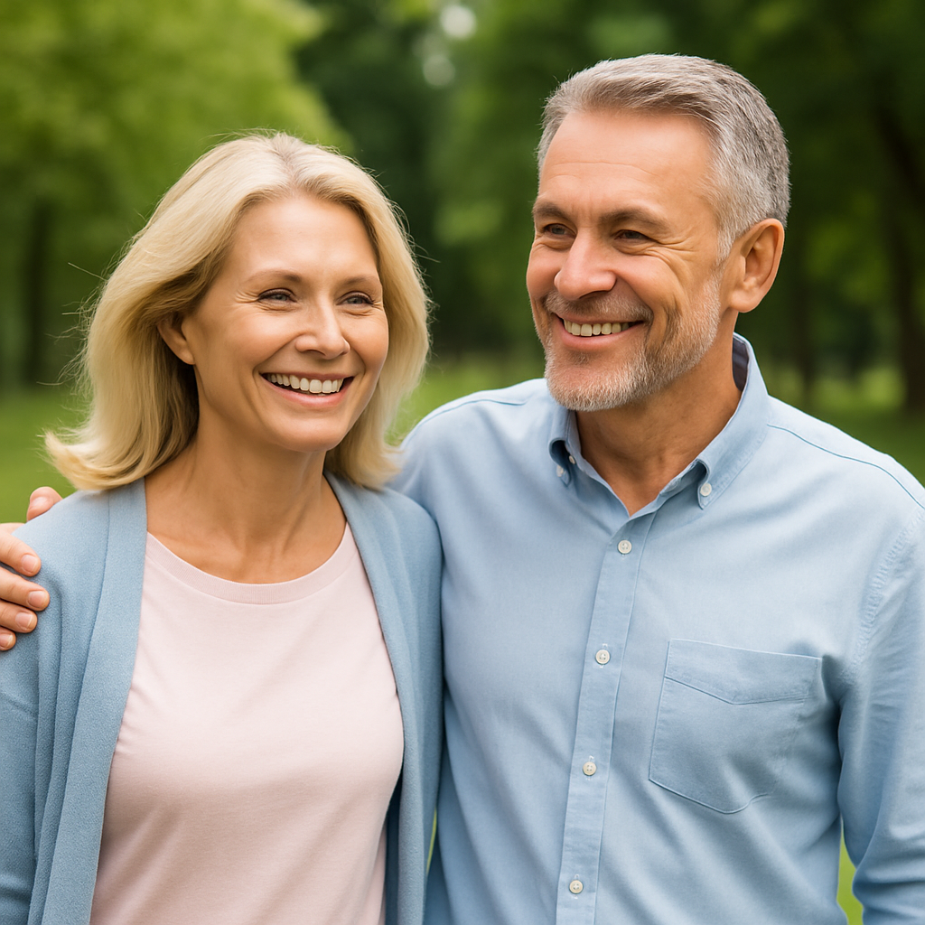 Couple holding hands walking on a grassy hill, overlooking a distant landscape.
