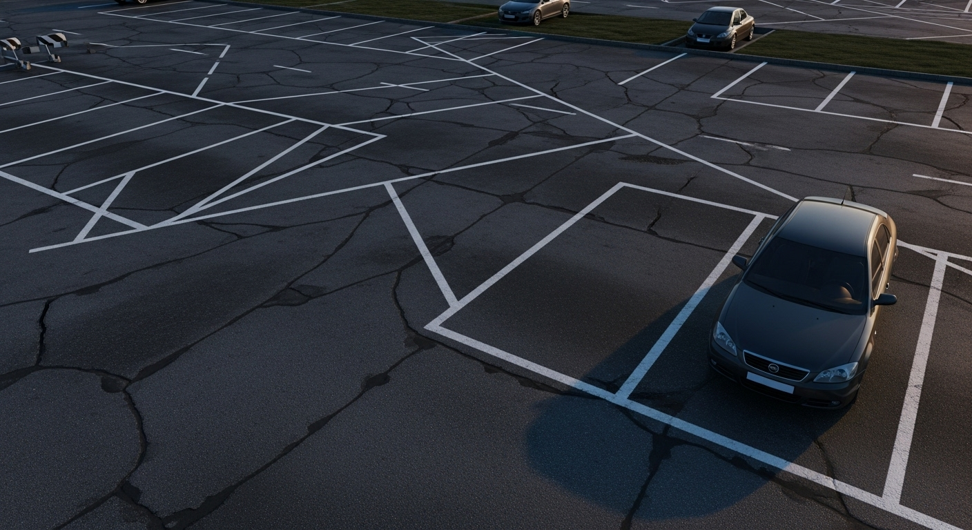 Gray car parked in a paved parking lot with white painted parking space lines.