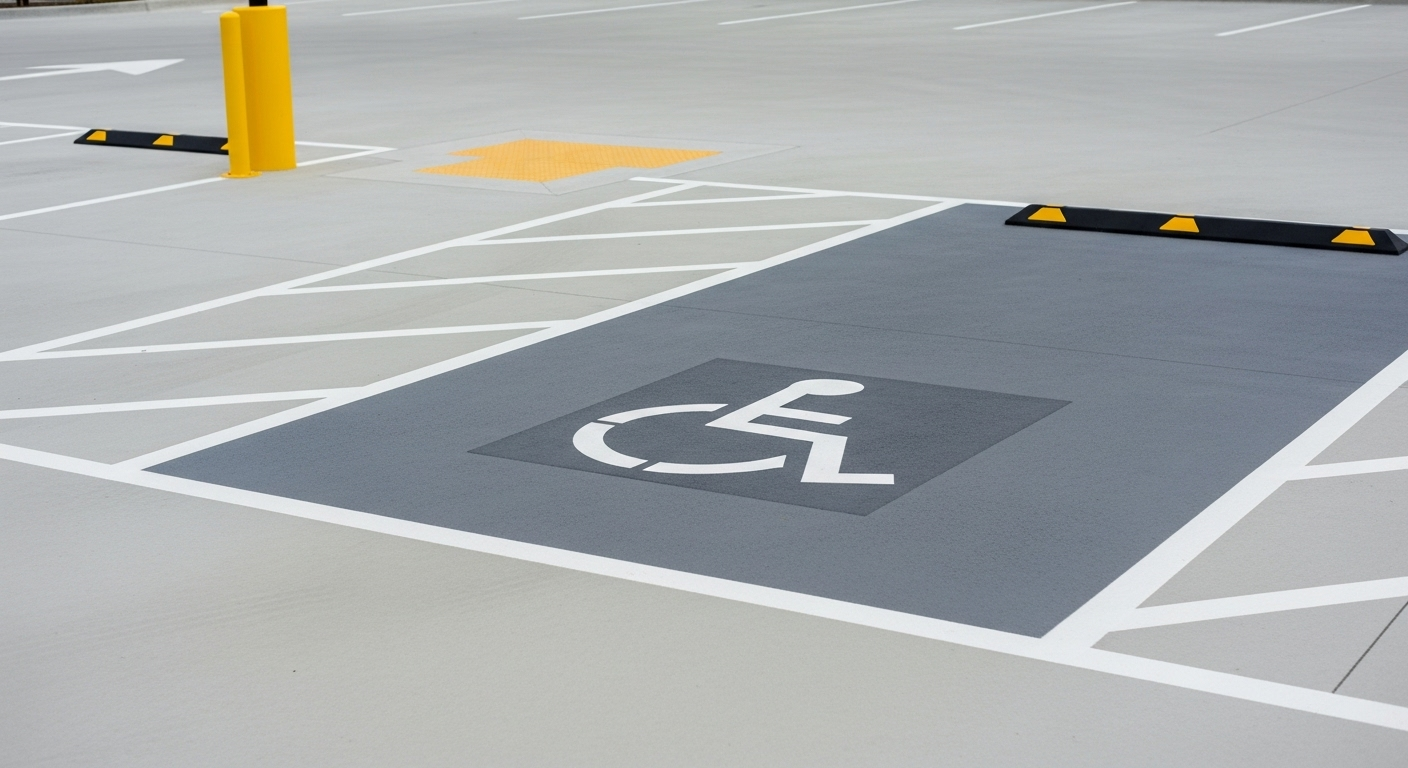 Handicapped parking space with wheelchair symbol painted on gray pavement, with bumpers and yellow pole.