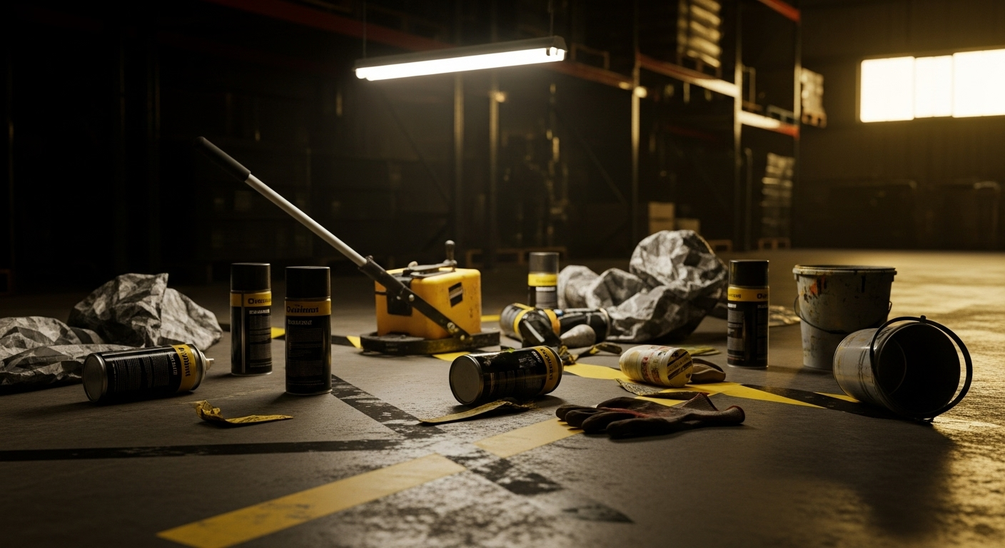 Warehouse interior with work supplies scattered on the floor, including cans, cloths, and a yellow box.