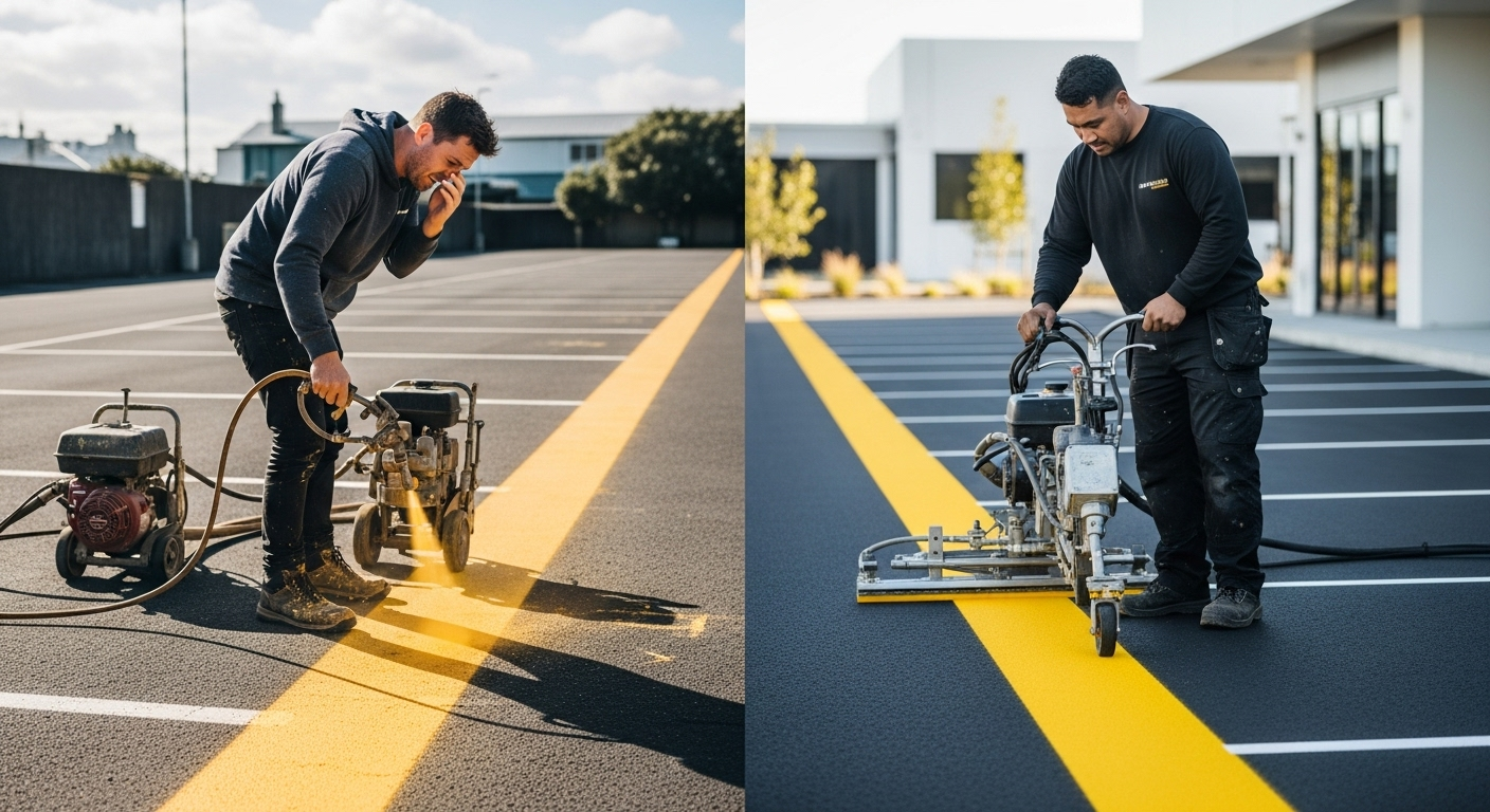 Two workers striping a parking lot with yellow paint. One on the left is on the phone. The other on the right is guiding the machine.