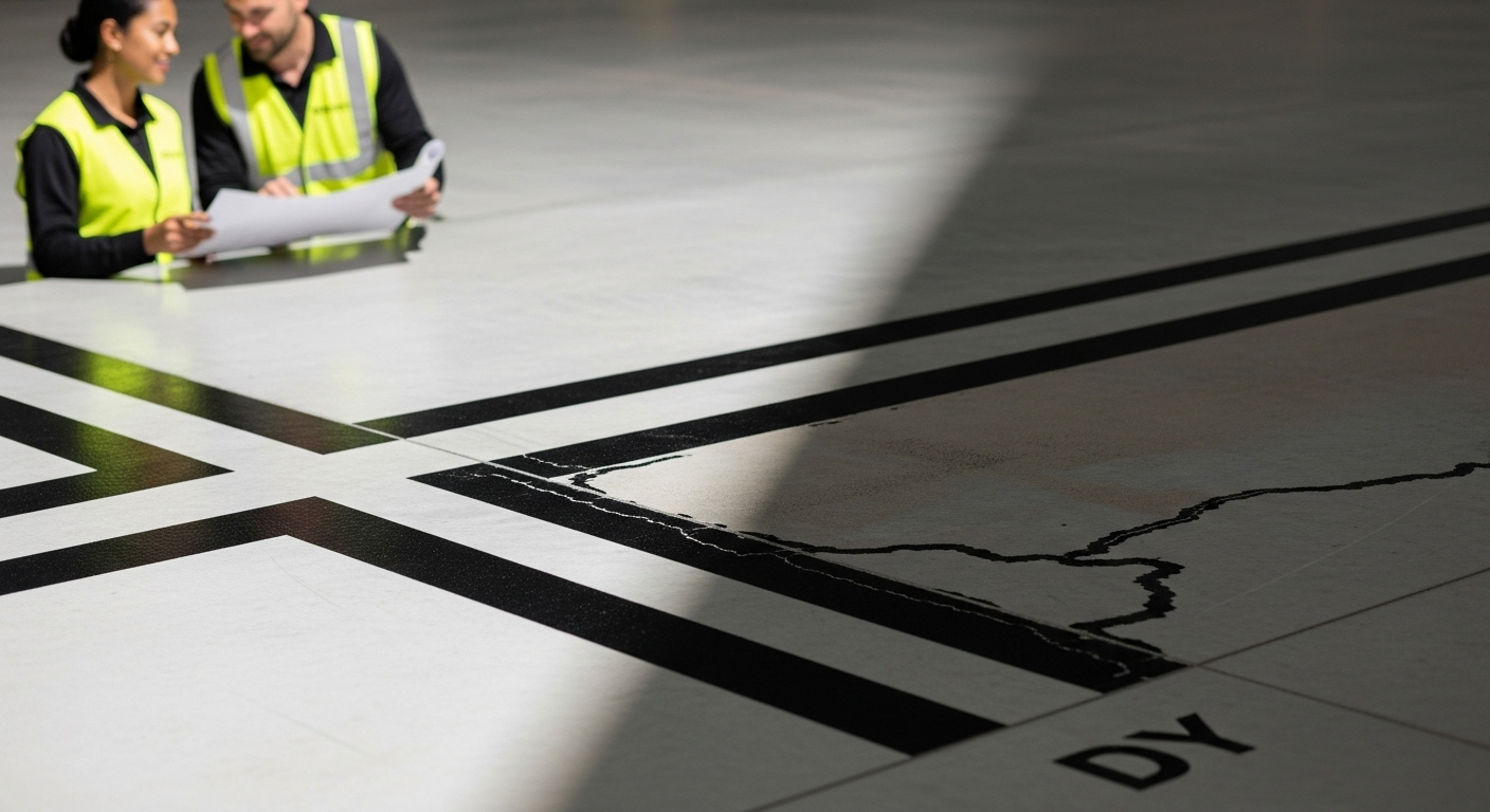 Two people in vests review blueprints on a floor marked with black lines; warehouse setting.