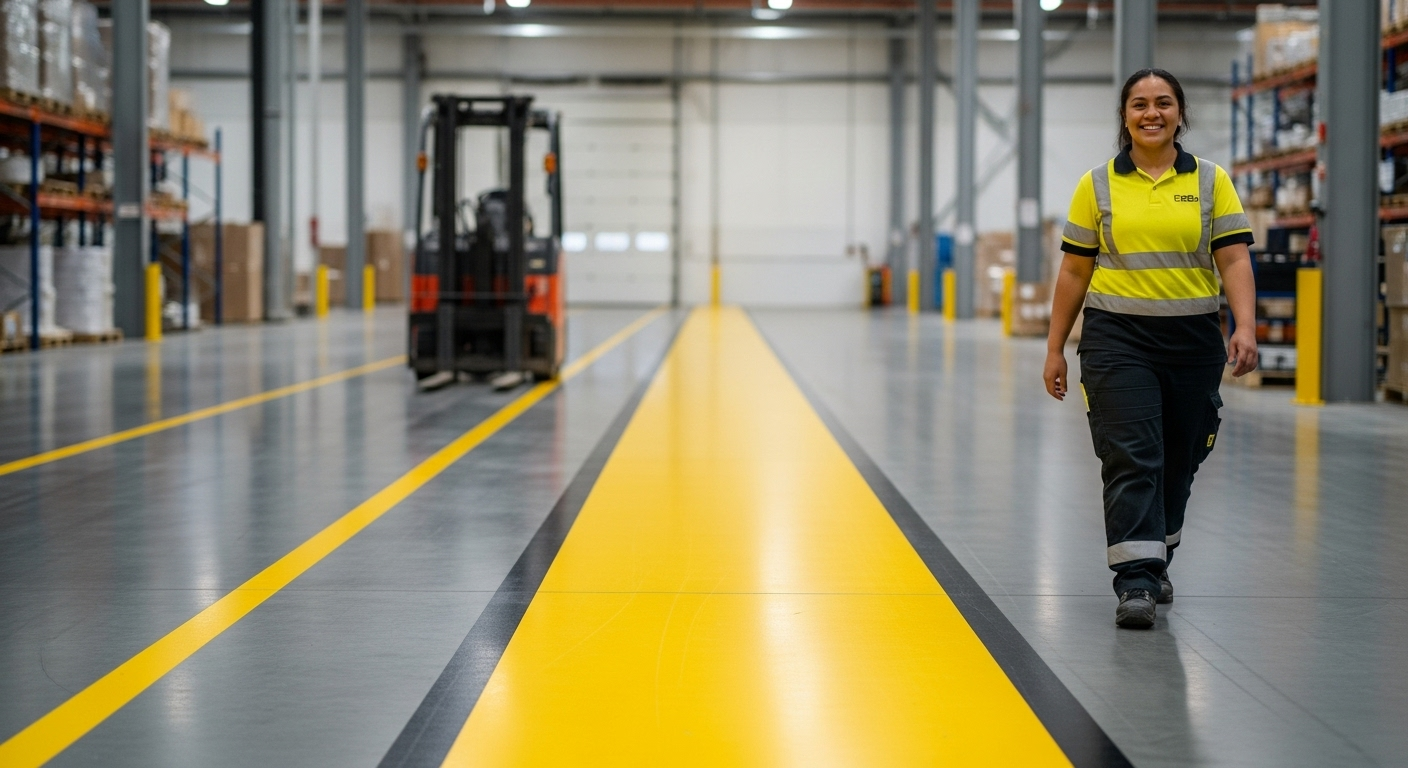 Woman in high-vis vest walks down warehouse aisle. Forklift in background. Yellow floor marking.