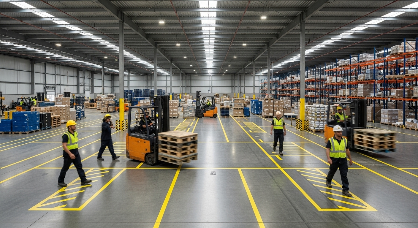 Warehouse interior: Forklifts and workers in safety vests; pallets and shelving with products.