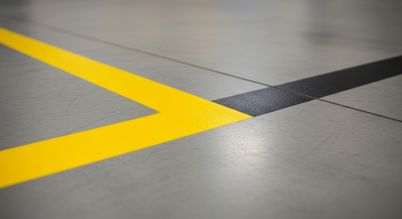 Yellow and black painted lines on a gray concrete floor, delineating areas in a warehouse or industrial setting.