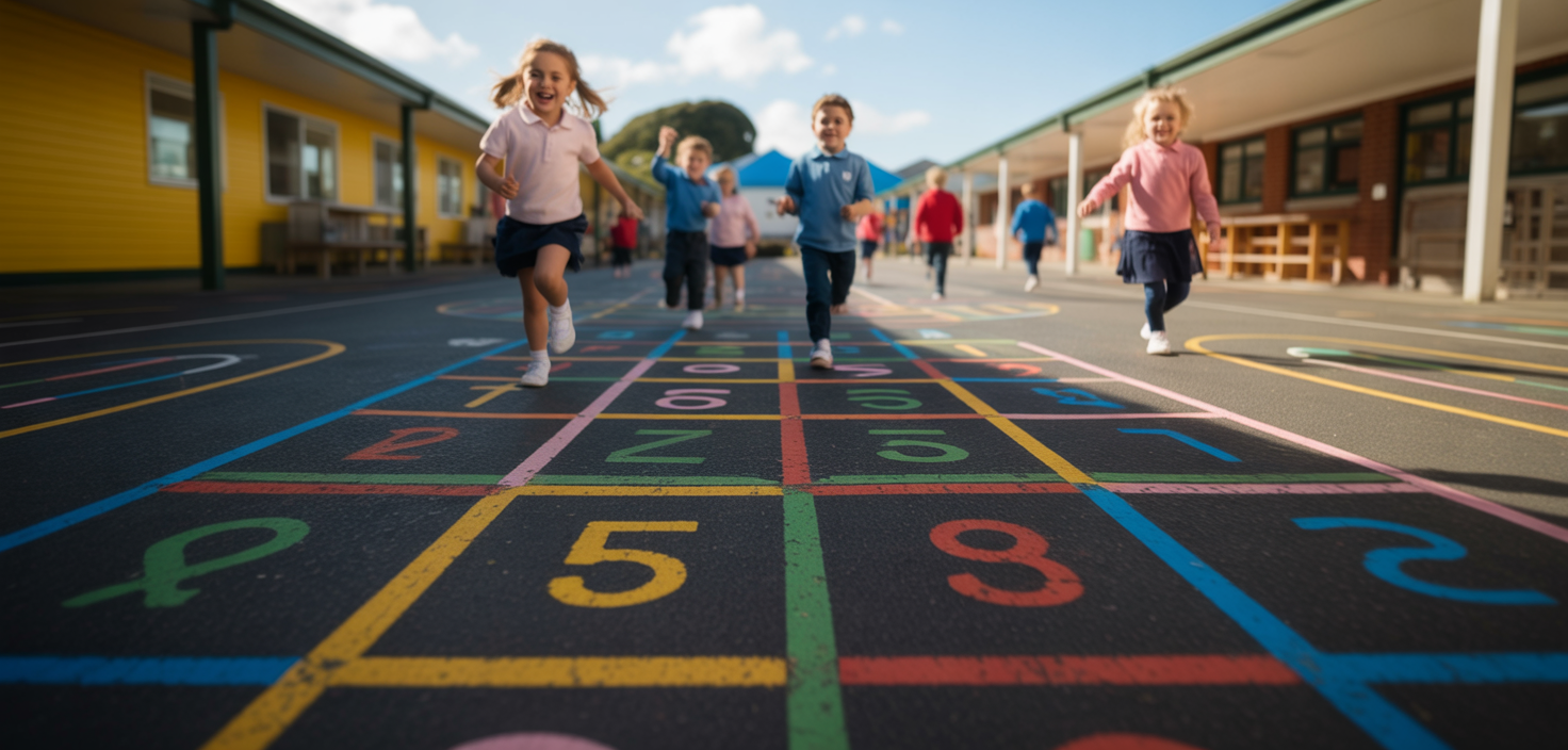 Children playing hopscotch on a colorful asphalt playground. They run toward the viewer with joyful expressions.