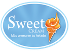 Logotipo para helado Sweet Cream, óvalo azul claro con texto blanco y un cono de helado naranja.