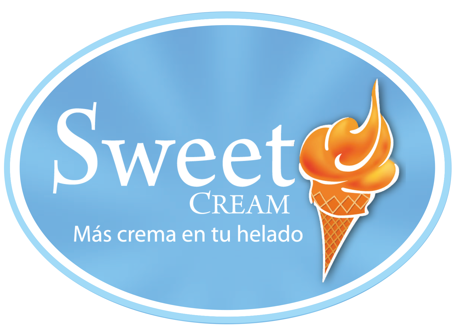 Logotipo para helado Sweet Cream, óvalo azul claro con texto blanco y un cono de helado naranja.