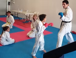 A group of children are practicing martial arts in a gym.