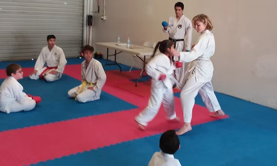 A group of people are practicing martial arts in a gym