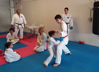 A group of people are practicing martial arts in a gym.