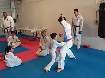 A group of people are practicing martial arts in a gym.