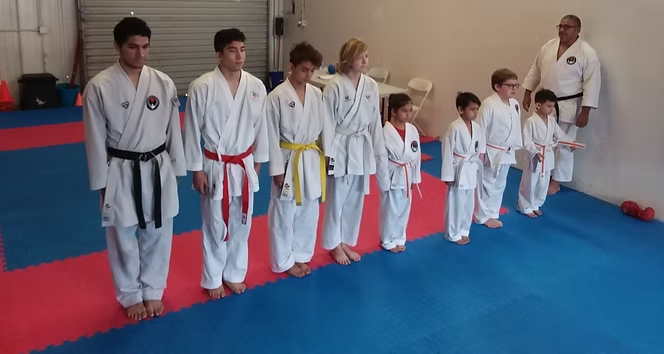A group of kids in karate uniforms are standing in a line