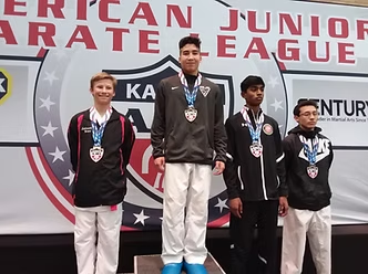 A group of young men are standing on a podium in front of a banner that says american junior karate league