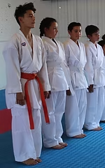 A group of young people in karate uniforms are standing in a line.