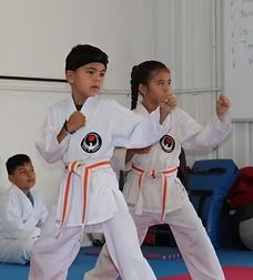 A boy and a girl are practicing karate in a gym