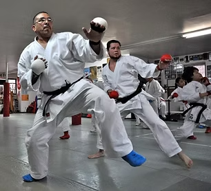 A group of men are practicing karate in a gym