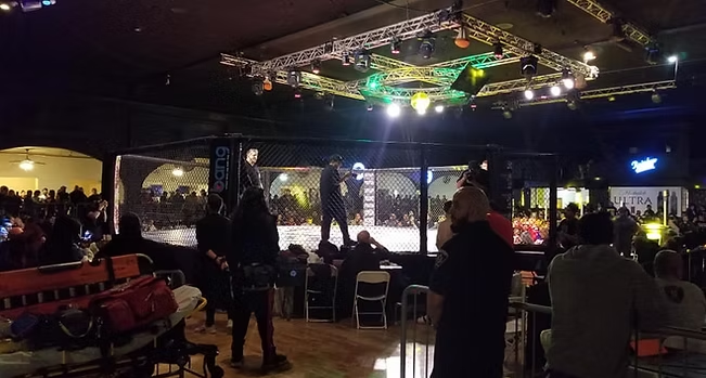 A group of people are watching a boxing match in a dark room.