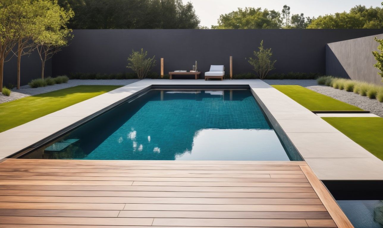 Rectangular pool with wooden deck, surrounded by grass and a dark wall.