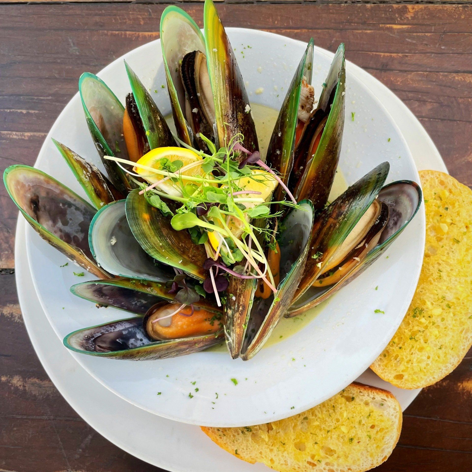 A white plate topped with mussels and garlic bread