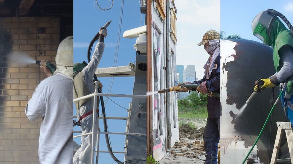 A collage of four pictures of people sandblasting a building.