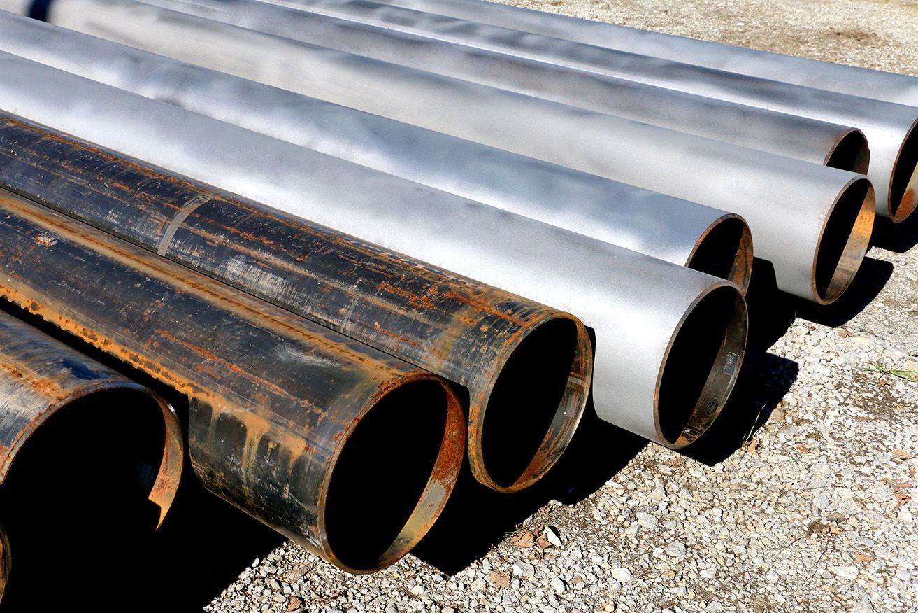 A bunch of metal pipes are stacked on top of each other on the ground.