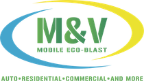 A logo for m & v mobile eco-blast auto residential commercial and more