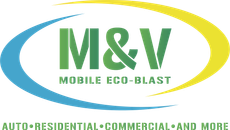A logo for m & v mobile eco-blast auto residential commercial and more