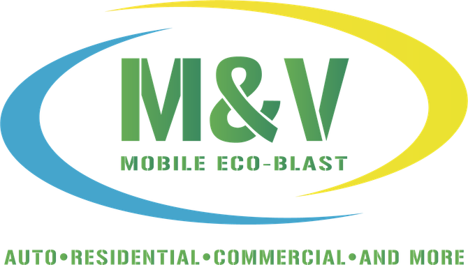 A logo for m & v mobile eco-blast auto residential commercial and more