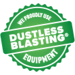 A green stamp that says `` we proudly use dustless blasting equipment ''.