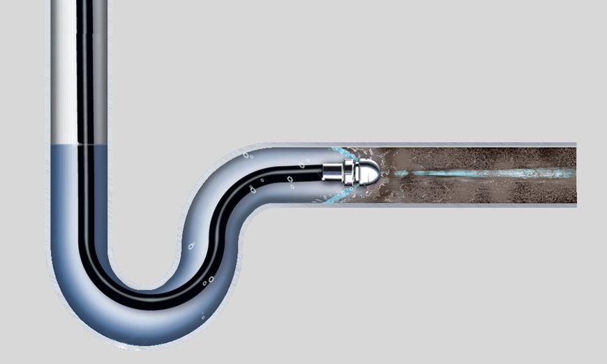 A diagram of a pipe with a drain cleaner attached to it.