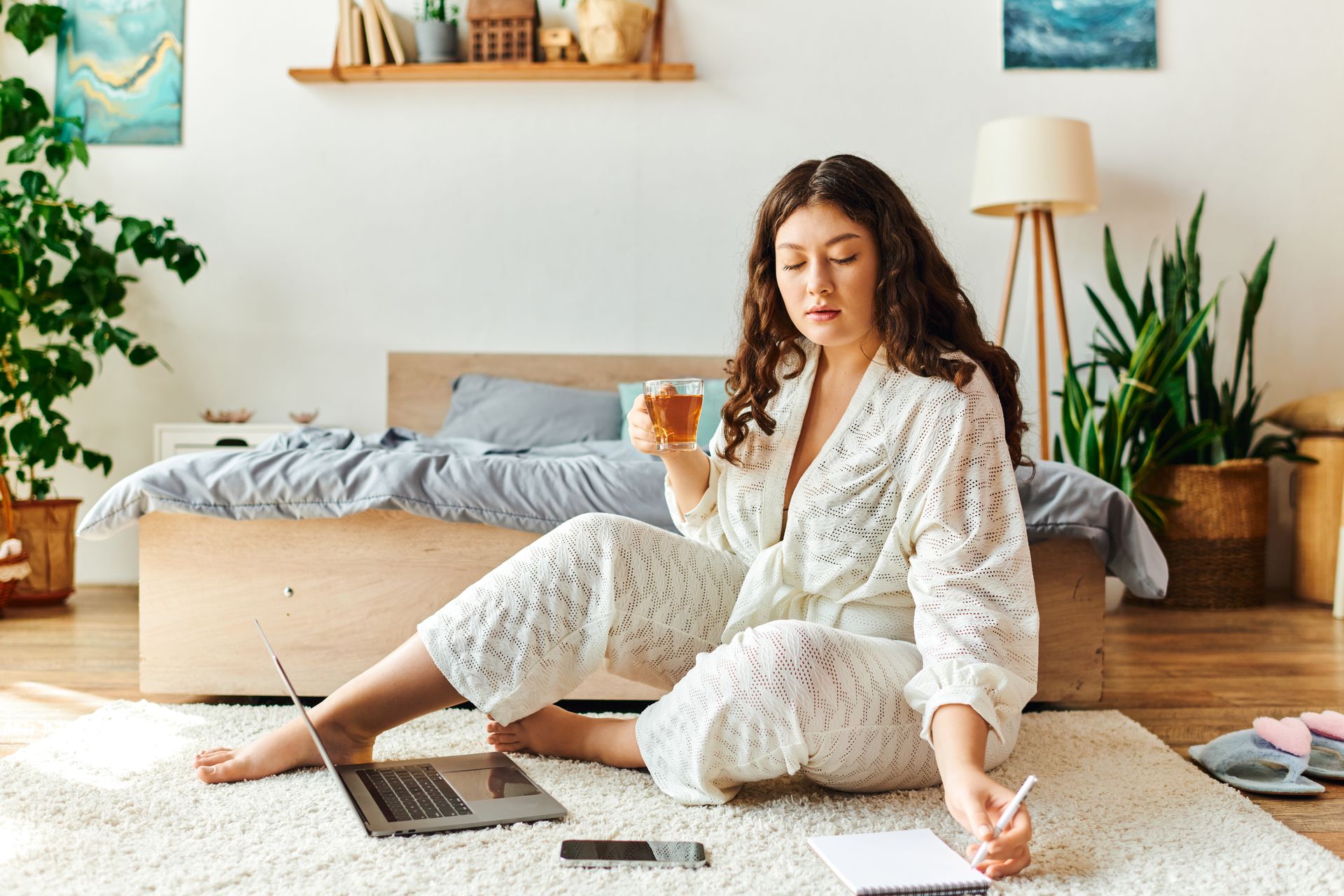 A woman is sitting on the floor with a laptop and a cup of tea.