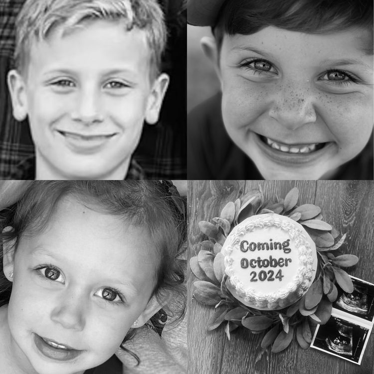 A black and white photo of a boy and a girl with a cake that says coming october 2024