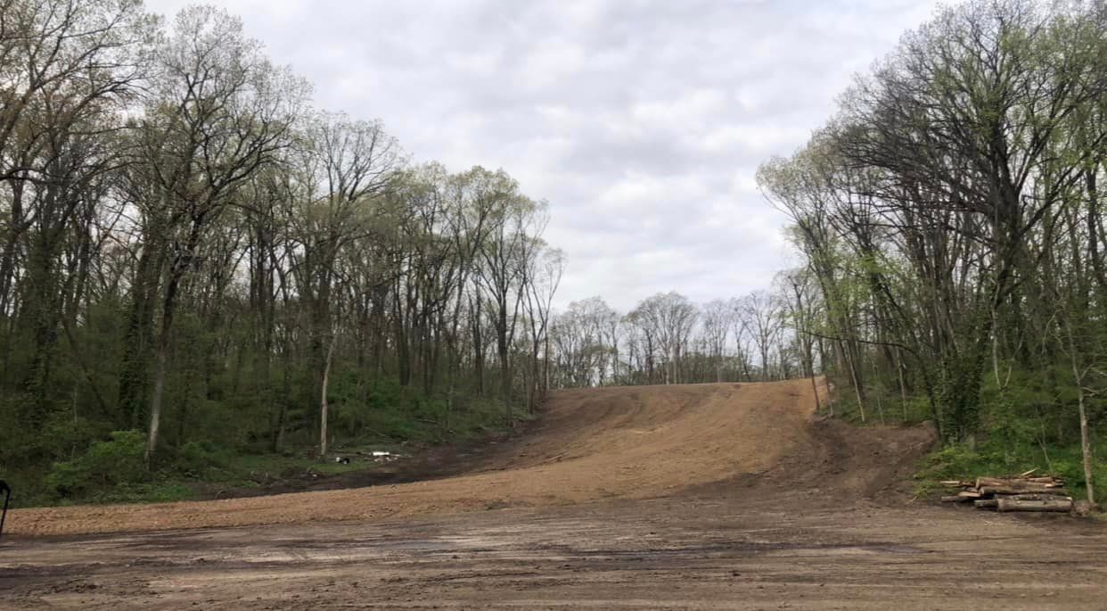 A dirt road going through a forest with trees on both sides.