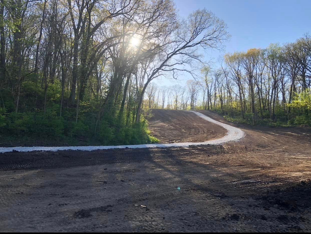 A dirt road going through a forest with the sun shining through the trees.