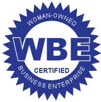 A woman owned business enterprise certified logo in blue