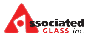 The logo for associated glass inc. is red and black