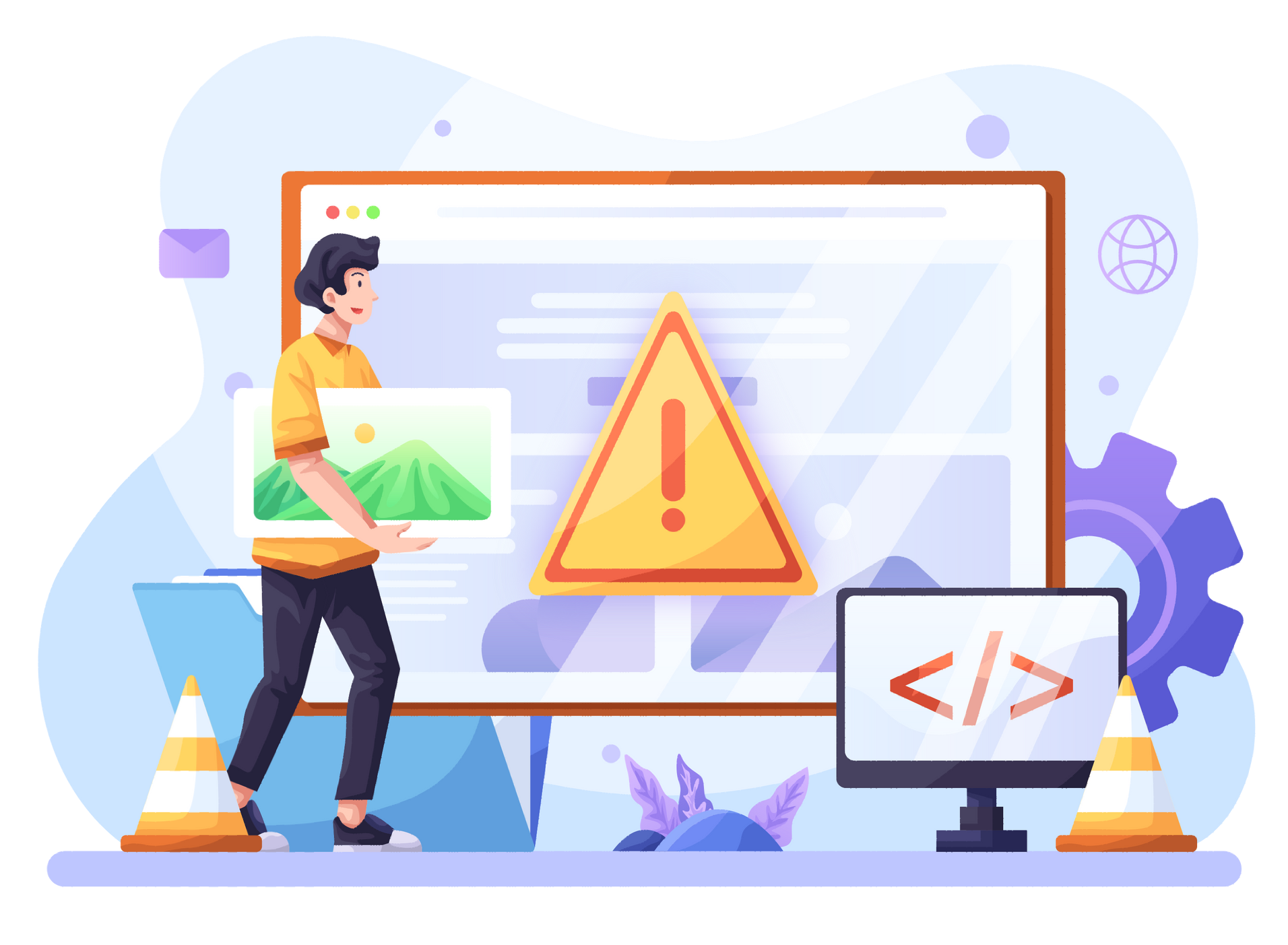 A man is standing in front of a computer screen with a warning sign on it.