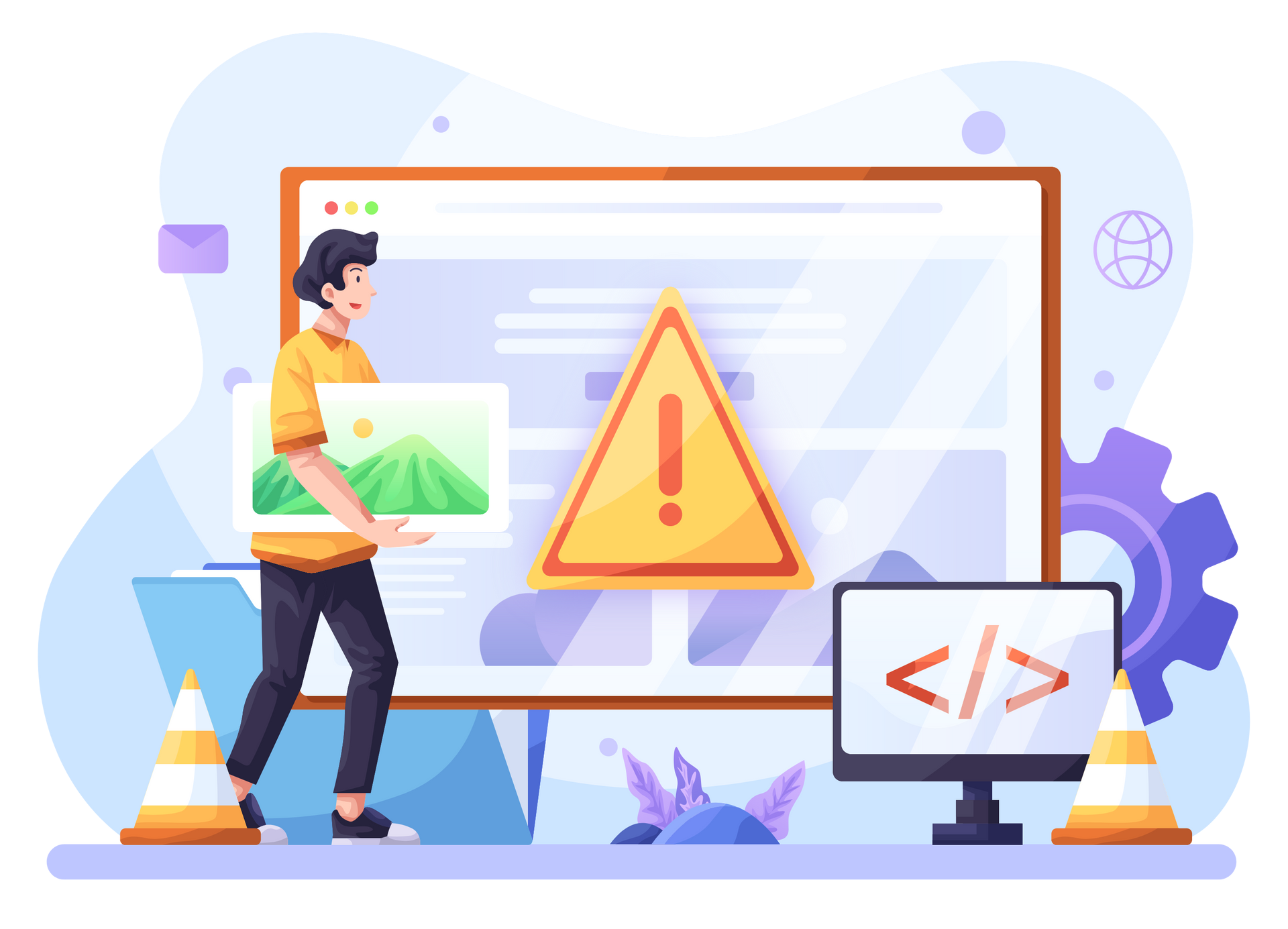 An under construction graphic showing a web page being put together by a man