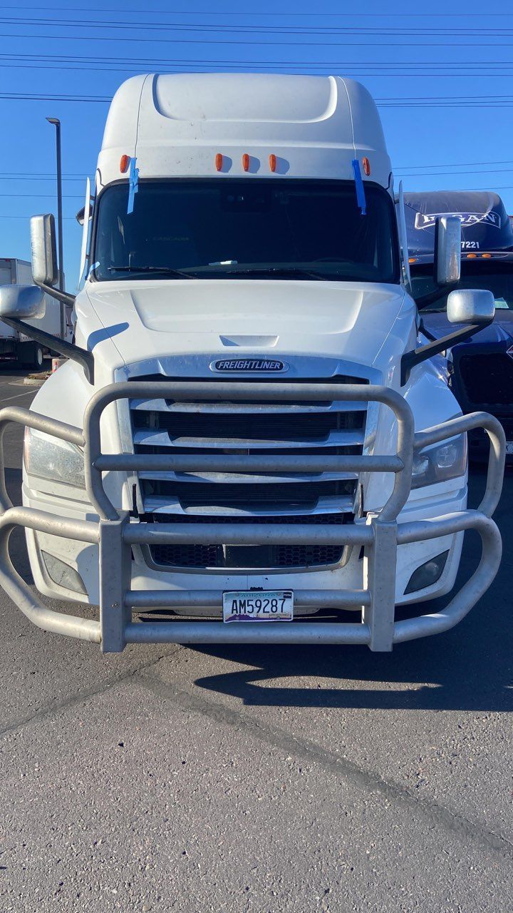 White Freightliner semi-truck with a silver grill guard parked outside on a sunny day.