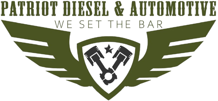 The logo for patriot diesel & automotive we set the bar
