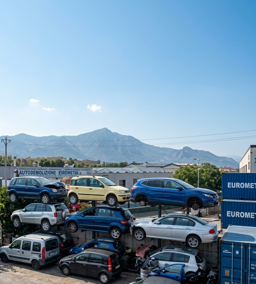 Un deposito di rottami con file di auto colorate accatastate sullo sfondo di montagne, sotto un cielo azzurro e limpido.