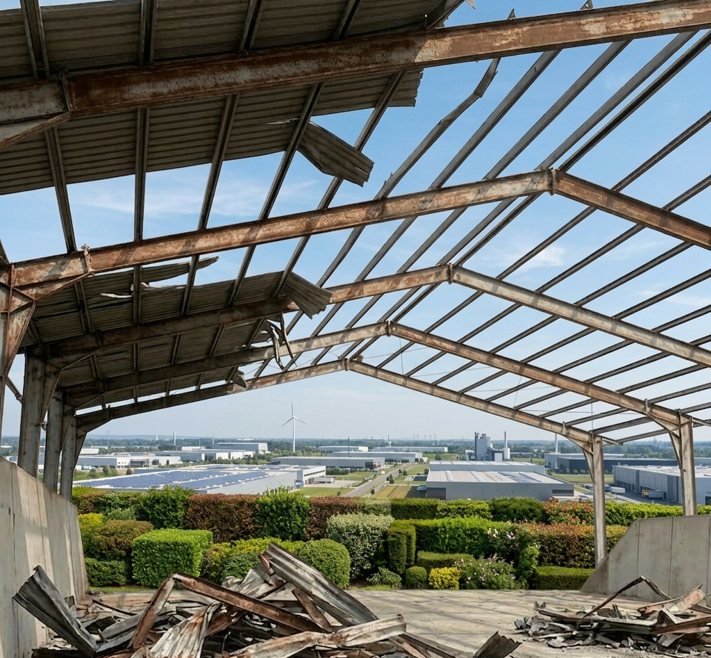 I resti scheletrici di una struttura di copertura metallica arrugginita si affacciano su un vasto parco industriale e su siepi verdi.