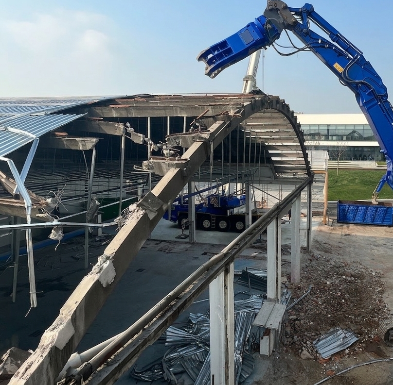 Un escavatore idraulico blu sta demolendo il tetto ad arco in cemento di un edificio.